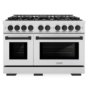ZLINE Autograph 48" 6.7 cu. ft. Select Double Oven Gas Range with 8 Burner Cooktop in Satin Stainless Steel and Matte Black Accents, HGRSZ-48-MB