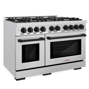 ZLINE Autograph 48" 6.7 cu. ft. Select Double Oven Gas Range with 8 Burner Cooktop in Satin Stainless Steel and Matte Black Accents, HGRSZ-48-MB