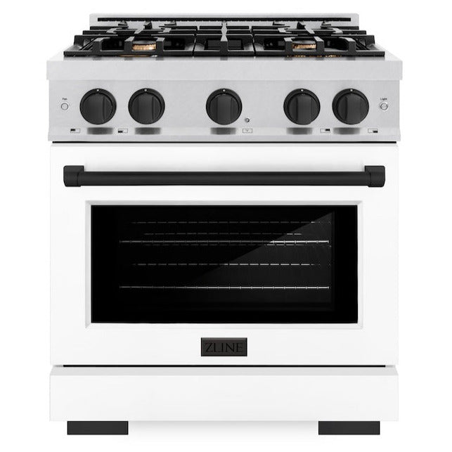 ZLINE Autograph 30" 4.2 cu. ft. Select Gas Range with 4 Burner Cooktop and Convection Gas Oven in Satin Stainless Steel with White Matte Door and Matte Black Accents, HGRSZ-WM-30-MB