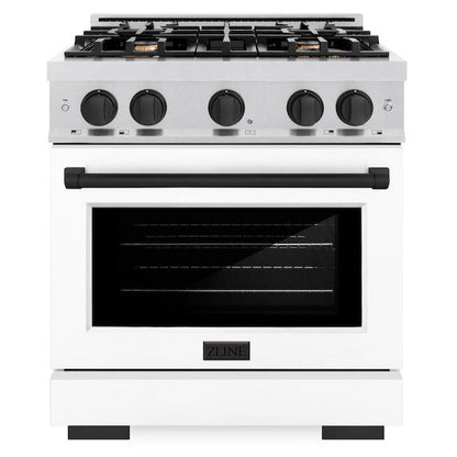 ZLINE Autograph 30" 4.2 cu. ft. Select Gas Range with 4 Burner Cooktop and Convection Gas Oven in Satin Stainless Steel with White Matte Door and Matte Black Accents, HGRSZ-WM-30-MB