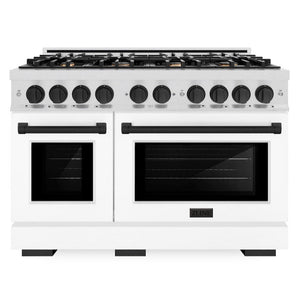 ZLINE Autograph 48" 6.7 cu. ft. Select Double Oven Gas Range with 8 Burner Cooktop in Satin Stainless Steel with White Matte Doors and Matte Black Accents, HGRSZ-WM-48-MB