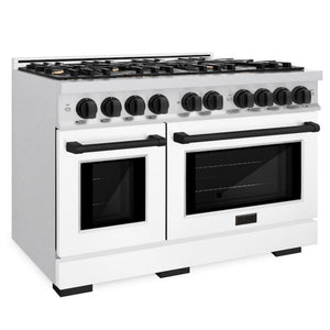ZLINE Autograph 48" 6.7 cu. ft. Select Double Oven Gas Range with 8 Burner Cooktop in Satin Stainless Steel with White Matte Doors and Matte Black Accents, HGRSZ-WM-48-MB