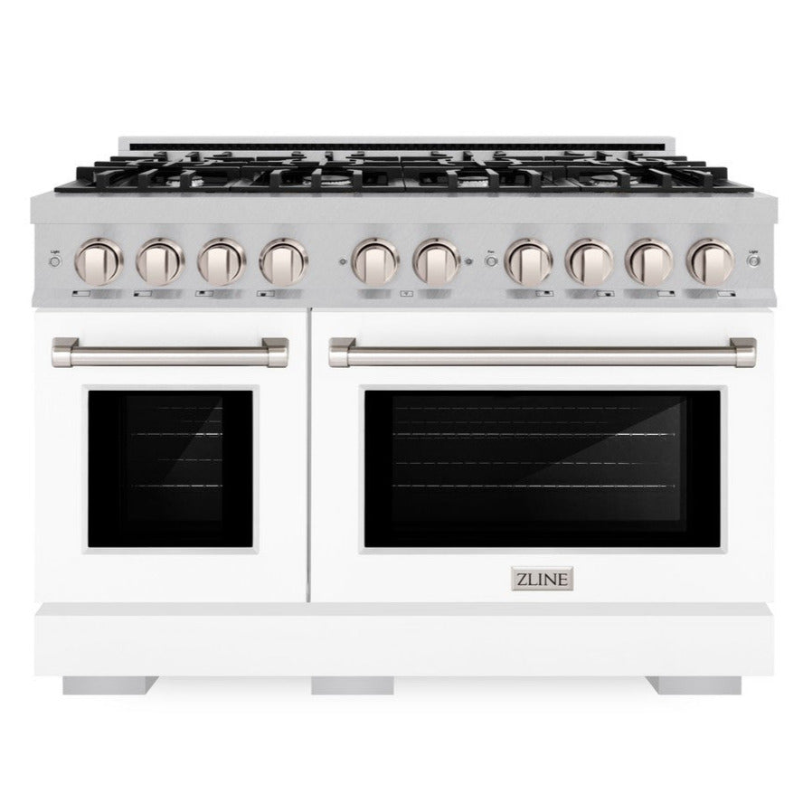 ZLINE 48" 6.7 cu. ft. Select Double Oven Gas Range with 8 Burner Cooktop in Satin Stainless Steel with White Matte Doors, HGRS-WM-48