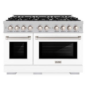 ZLINE 48" 6.7 cu. ft. Select Double Oven Gas Range with 8 Burner Cooktop in Satin Stainless Steel with White Matte Doors, HGRS-WM-48