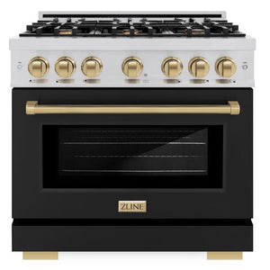 ZLINE Autograph 36" 5.2 cu. ft. Select Dual Fuel Range with 6 Burners in Stainless Steel with Black Matte Door and Champagne Bronze Accents, HDRZ-BLM-36-CB