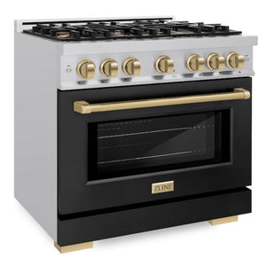 ZLINE Autograph 36" 5.2 cu. ft. Select Dual Fuel Range with 6 Burners in Stainless Steel with Black Matte Door and Champagne Bronze Accents, HDRZ-BLM-36-CB