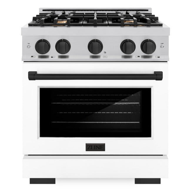 ZLINE Autograph 30" 4.2 cu. ft. Select Dual Fuel Range with 4 Burner Gas Cooktop and Electric Convection Oven in Satin Stainless Steel with White Matte Door and Matte Black Accents, HDRSZ-WM-30-MB