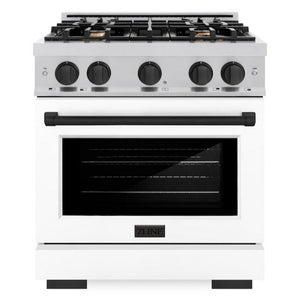 ZLINE Autograph 30" 4.2 cu. ft. Select Dual Fuel Range with 4 Burner Gas Cooktop and Electric Convection Oven in Satin Stainless Steel with White Matte Door and Matte Black Accents, HDRSZ-WM-30-MB