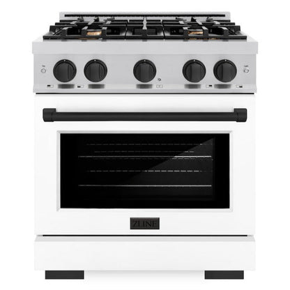 ZLINE Autograph 30" 4.2 cu. ft. Select Dual Fuel Range with 4 Burner Gas Cooktop and Electric Convection Oven in Satin Stainless Steel with White Matte Door and Matte Black Accents, HDRSZ-WM-30-MB