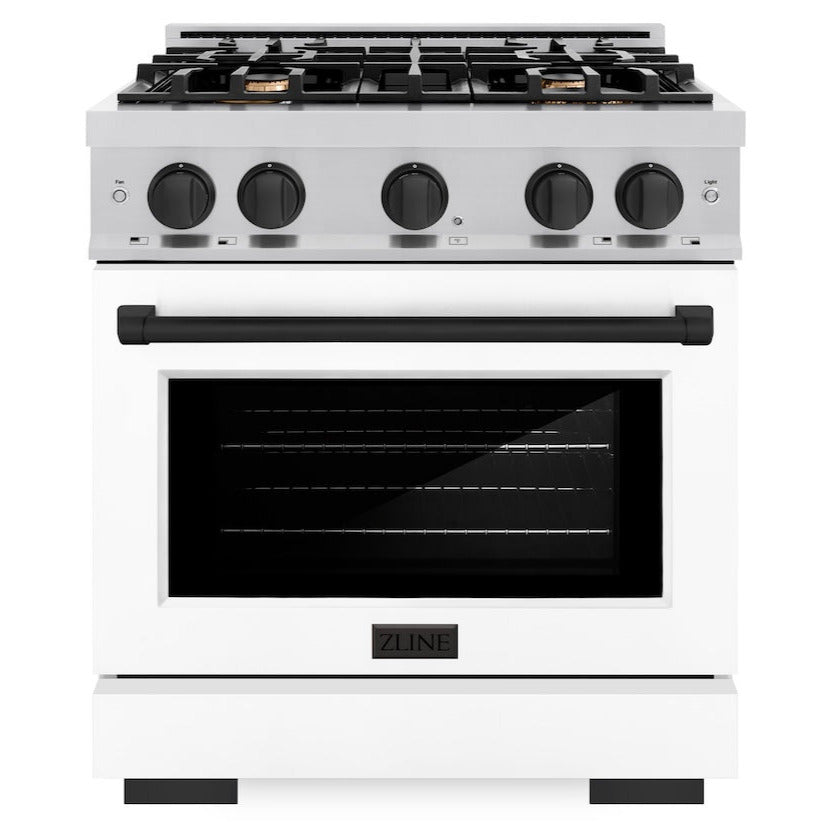 ZLINE Autograph 30" 4.2 cu. ft. Select Dual Fuel Range with 4 Burners in Stainless Steel with White Matte Door and Matte Black Accents, HDRZ-WM-30-MB