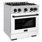 ZLINE Autograph 30" 4.2 cu. ft. Select Dual Fuel Range with 4 Burner Gas Cooktop and Electric Convection Oven in Satin Stainless Steel with White Matte Door and Matte Black Accents, HDRSZ-WM-30-MB