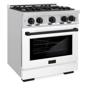 ZLINE Autograph 30" 4.2 cu. ft. Select Dual Fuel Range with 4 Burner Gas Cooktop and Electric Convection Oven in Satin Stainless Steel with White Matte Door and Matte Black Accents, HDRSZ-WM-30-MB