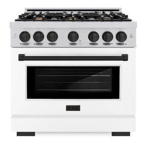 ZLINE Autograph 36" 5.2 cu. ft. Select Dual Fuel Range with 6 Burners in Stainless Steel with White Matte Door and Matte Black Accents, HDRZ-WM-36-MB