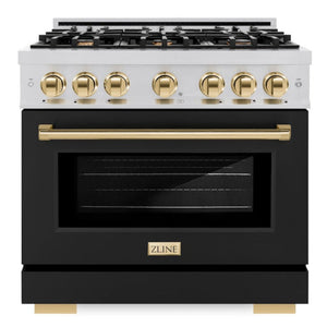 ZLINE Autograph 36" 5.2 cu. ft. Select Dual Fuel Range with 6 Burners in Stainless Steel with Black Matte Door and Polished Gold Accents, HDRZ-BLM-36-G