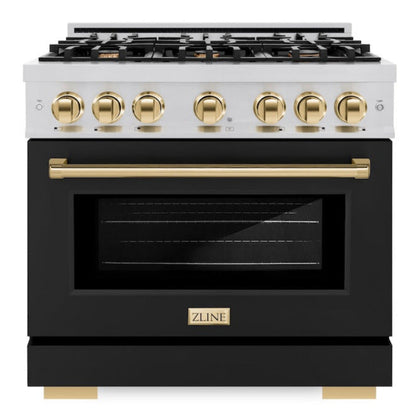 ZLINE Autograph 36" 5.2 cu. ft. Select Dual Fuel Range with 6 Burners in Stainless Steel with Black Matte Door and Polished Gold Accents, HDRZ-BLM-36-G