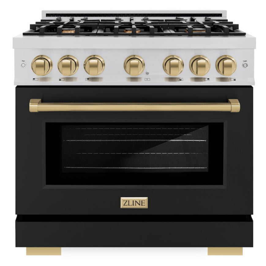 ZLINE Autograph 36" 5.2 cu. ft. Select Gas Range with 6 Burners in Stainless Steel with Black Matte Door and Champagne Bronze Accents, HGRZ-BLM-36-CB
