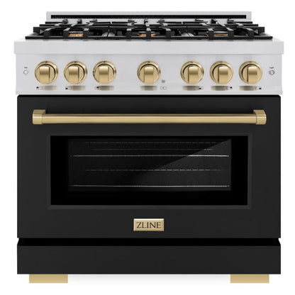 ZLINE Autograph 36" 5.2 cu. ft. Select Gas Range with 6 Burners in Stainless Steel with Black Matte Door and Champagne Bronze Accents, HGRZ-BLM-36-CB