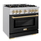 ZLINE Autograph 36" 5.2 cu. ft. Select Gas Range with 6 Burners in Stainless Steel with Black Matte Door and Champagne Bronze Accents, HGRZ-BLM-36-CB