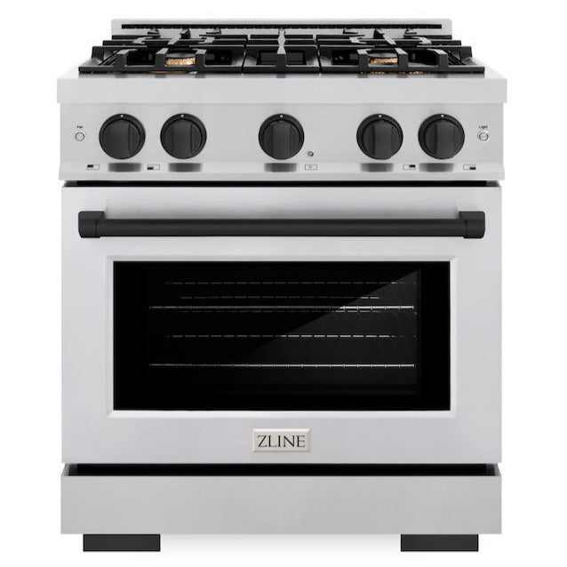 ZLINE Autograph 30" 4.2 cu. ft. Select Gas Range with 4 Burners in Stainless Steel and Matte Black Accents, HGRZ-30-MB