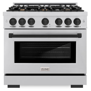 ZLINE Autograph 36" 5.2 cu. ft. Select Gas Range with 6 Burners in Stainless Steel and Matte Black Accents, HGRZ-36-MB