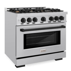 ZLINE Autograph 36" 5.2 cu. ft. Select Gas Range with 6 Burners in Stainless Steel and Matte Black Accents, HGRZ-36-MB