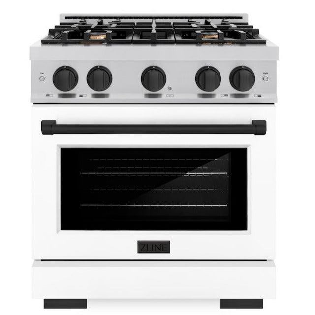 ZLINE Autograph 30" 4.2 cu. ft. Select Gas Range with 4 Burners in Stainless Steel with White Matte Door and Matte Black Accents, HGRZ-WM-30-MB