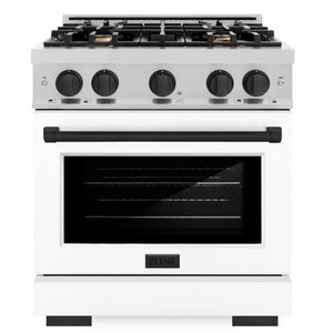 ZLINE Autograph 30" 4.2 cu. ft. Select Gas Range with 4 Burners in Stainless Steel with White Matte Door and Matte Black Accents, HGRZ-WM-30-MB