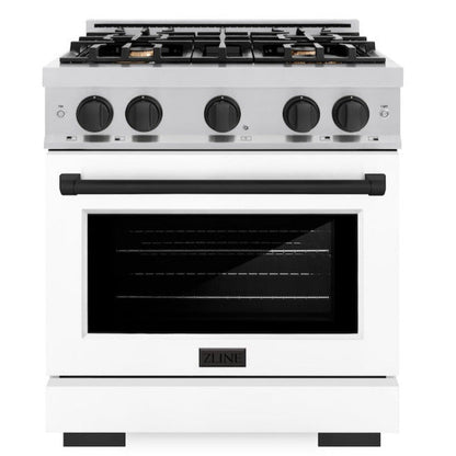 ZLINE Autograph 30" 4.2 cu. ft. Select Gas Range with 4 Burners in Stainless Steel with White Matte Door and Matte Black Accents, HGRZ-WM-30-MB