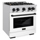 ZLINE Autograph 30" 4.2 cu. ft. Select Gas Range with 4 Burners in Stainless Steel with White Matte Door and Matte Black Accents, HGRZ-WM-30-MB
