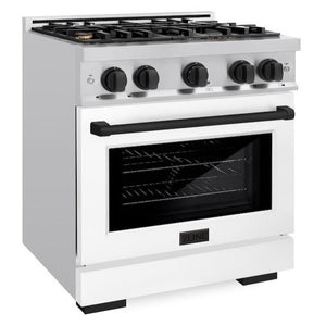 ZLINE Autograph 30" 4.2 cu. ft. Select Gas Range with 4 Burners in Stainless Steel with White Matte Door and Matte Black Accents, HGRZ-WM-30-MB