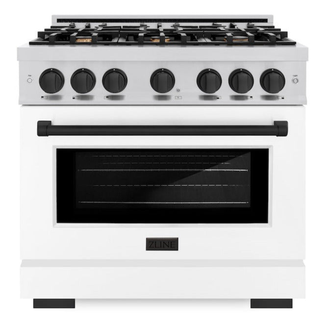 ZLINE Autograph 36" 5.2 cu. ft. Select Gas Range with 6 Burners in Stainless Steel with White Matte Door and Matte Black Accents, HGRZ-WM-36-MB