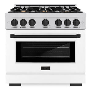 ZLINE Autograph 36" 5.2 cu. ft. Select Gas Range with 6 Burners in Stainless Steel with White Matte Door and Matte Black Accents, HGRZ-WM-36-MB