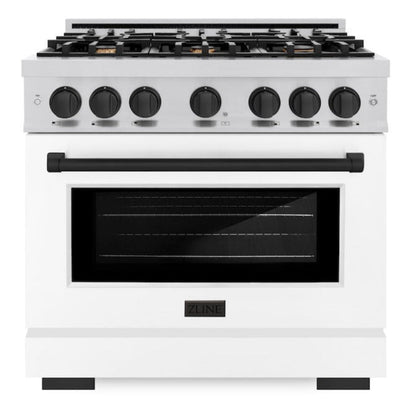 ZLINE Autograph 36" 5.2 cu. ft. Select Gas Range with 6 Burners in Stainless Steel with White Matte Door and Matte Black Accents, HGRZ-WM-36-MB