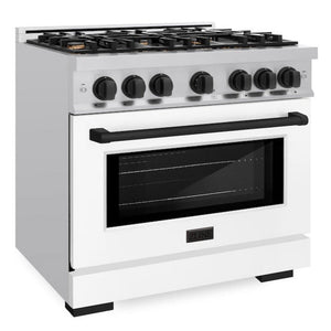 ZLINE Autograph 36" 5.2 cu. ft. Select Gas Range with 6 Burners in Stainless Steel with White Matte Door and Matte Black Accents, HGRZ-WM-36-MB