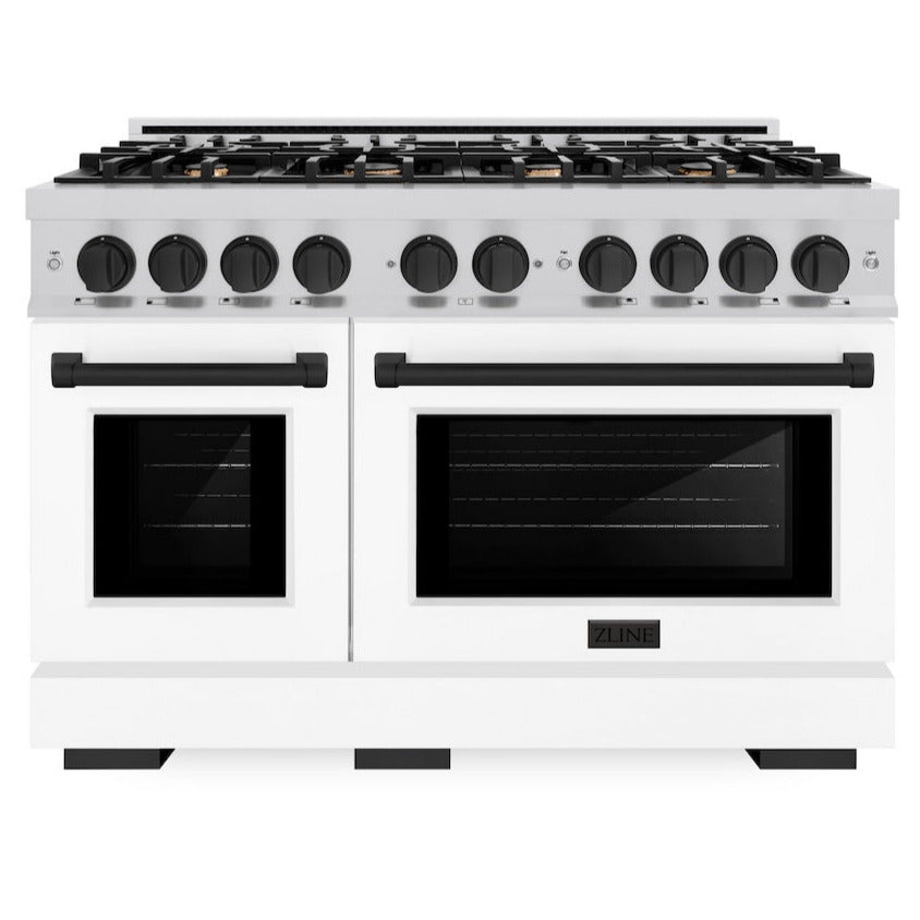 ZLINE Autograph 48" 6.7 cu. ft. Select Double Oven Gas Range with 8 Burners in Stainless Steel with White Matte Doors and Matte Black Accents, HGRZ-WM-48-MB