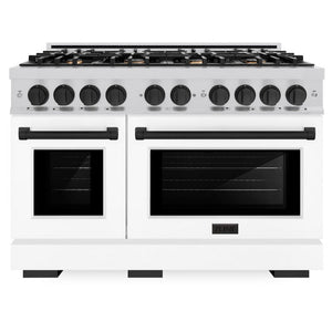 ZLINE Autograph 48" 6.7 cu. ft. Select Double Oven Gas Range with 8 Burners in Stainless Steel with White Matte Doors and Matte Black Accents, HGRZ-WM-48-MB