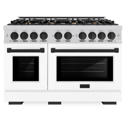 ZLINE Autograph 48" 6.7 cu. ft. Select Double Oven Gas Range with 8 Burners in Stainless Steel with White Matte Doors and Matte Black Accents, HGRZ-WM-48-MB
