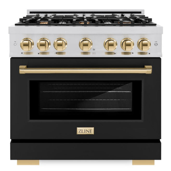 ZLINE Autograph 36" 5.2 cu. ft. Select Gas Range with 6 Burners in Stainless Steel with Black Matte Door and Polished Gold Accents, HGRZ-BLM-36-G