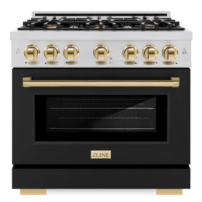 ZLINE Autograph 36" 5.2 cu. ft. Select Gas Range with 6 Burners in Stainless Steel with Black Matte Door and Polished Gold Accents, HGRZ-BLM-36-G