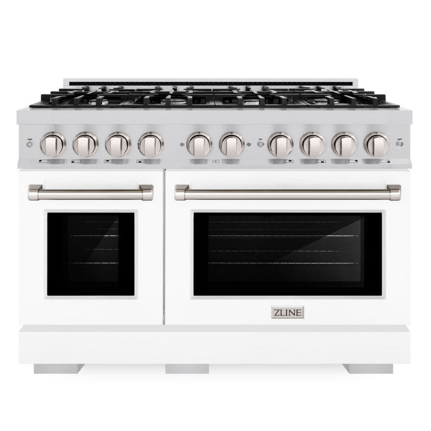 ZLINE 48" 6.7 cu. ft. Select Double Oven Gas Range with 8 Burners in Stainless Steel with White Matte Doors, HGR-WM-48