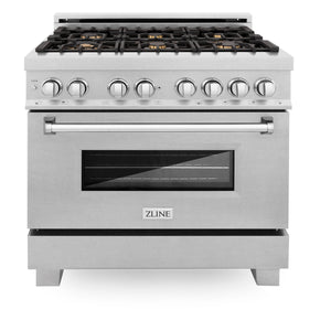 ZLINE 36" 4.6 cu. ft. Legacy Dual Fuel Range with Gas Cooktop and Electric Convection Oven in Satin Stainless Steel with 6 Brass Burners and Griddle, RAS-SN-BR-GR-36