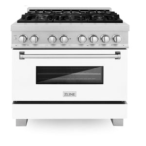 ZLINE 36" 4.6 cu. ft. Legacy Dual Fuel Range with 6 Burner Gas Cooktop and Electric Convection Oven in Satin Stainless Steel and White Matte Door, RAS-WM-36
