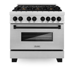 ZLINE Autograph 36" 4.6 cu. ft. Legacy Dual Fuel Range with 6 Burner Gas Cooktop and Electric Convection Oven in Satin Stainless Steel and Matte Black Accents, RASZ-SN-36-MB