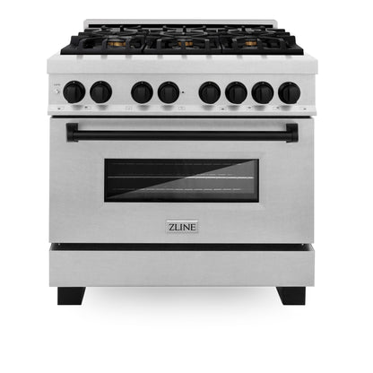 ZLINE Autograph 36" 4.6 cu. ft. Legacy Dual Fuel Range with 6 Burner Gas Cooktop and Electric Convection Oven in Satin Stainless Steel and Matte Black Accents, RASZ-SN-36-MB