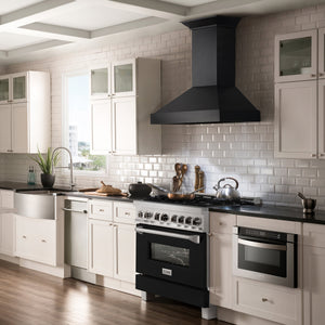 ZLINE 36" 4.6 cu. ft. Legacy Dual Fuel Range with 6 Burner Gas Cooktop and Electric Convection Oven in Satin Stainless Steel and Black Matte Door, RAS-BLM-36