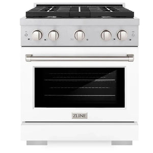 ZLINE 30" 4.2 cu. ft. Paramount Gas Range with 4 Burner Cooktop and Convection Gas Oven in Satin Stainless Steel with White Matte Door, SGRS-WM-30