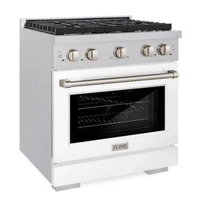 ZLINE 30" 4.2 cu. ft. Paramount Gas Range with 4 Burner Cooktop and Convection Gas Oven in Satin Stainless Steel with White Matte Door, SGRS-WM-30