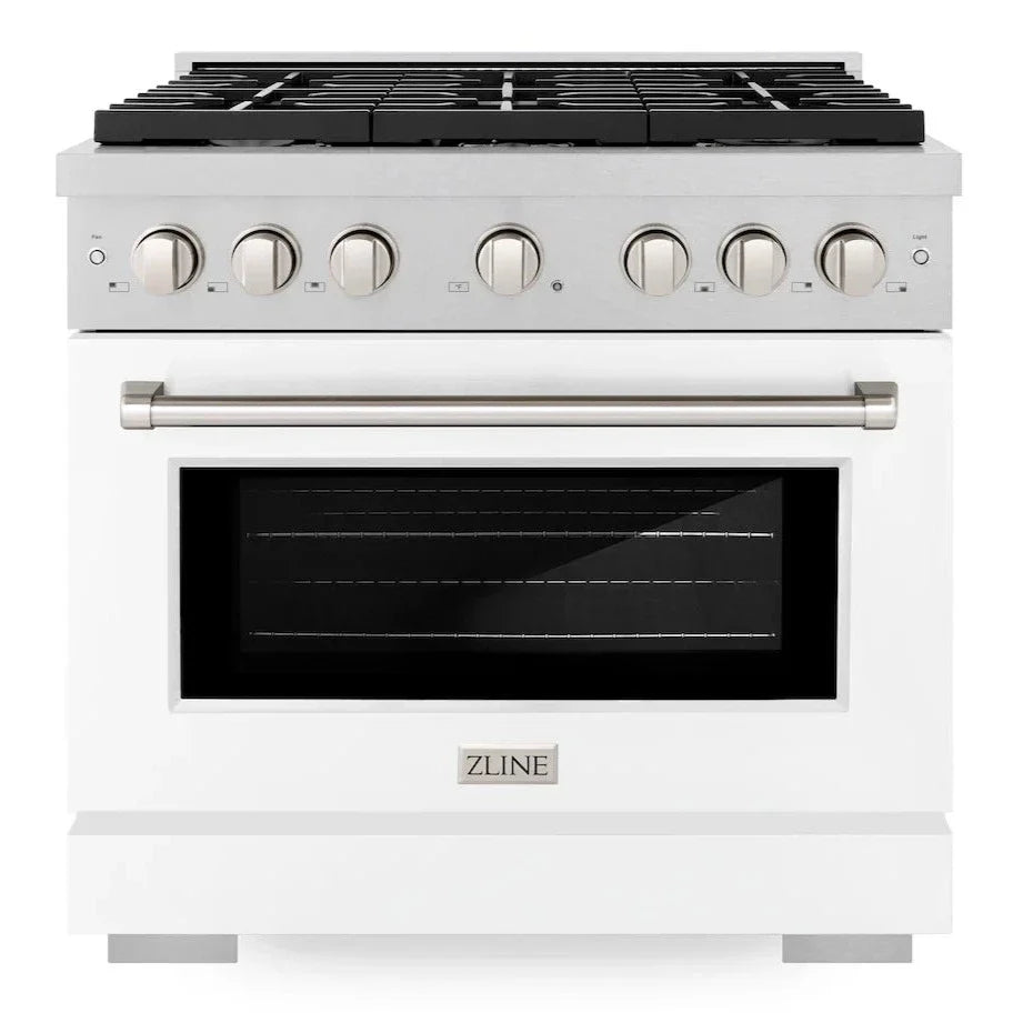 ZLINE 36" 5.2 cu. ft. Paramount Gas Range with 6 Burner Cooktop and Convection Gas Oven in Satin Stainless Steel with White Matte Door, SGRS-WM-36