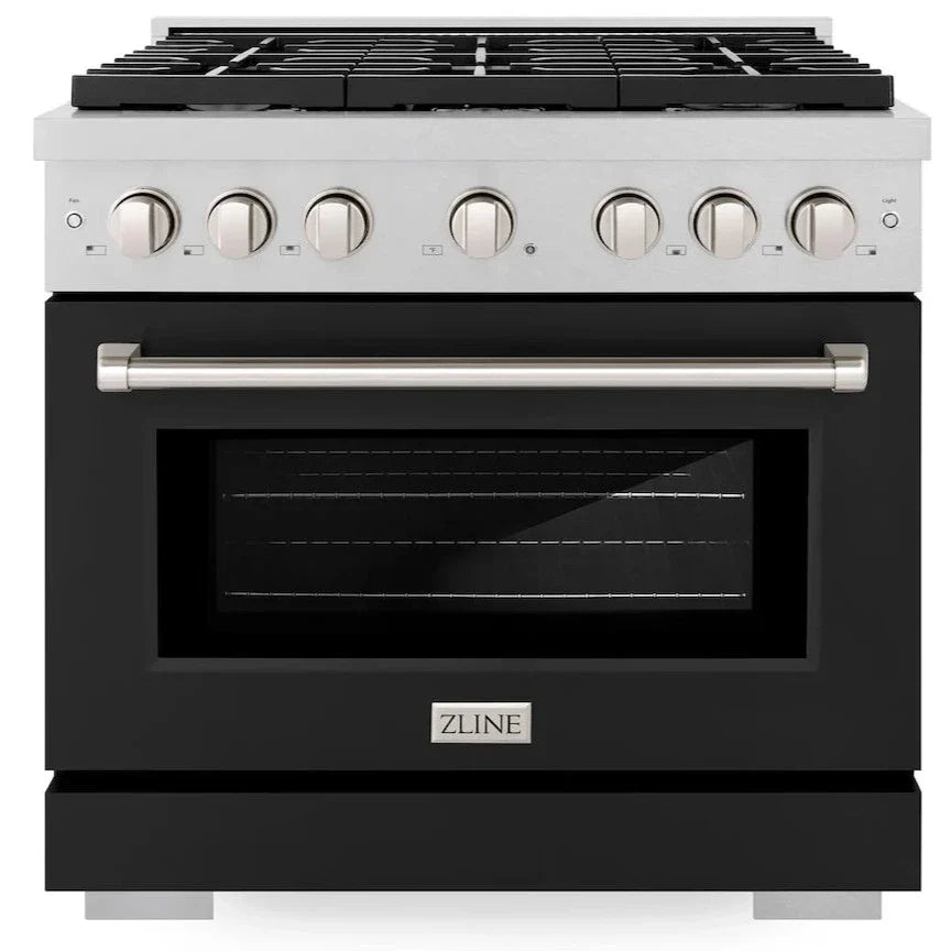 ZLINE 36" 5.2 cu. ft. Paramount Gas Range with 6 Burner Cooktop and Convection Gas Oven in Satin Stainless Steel with Black Matte Door, SGRS-BLM-36