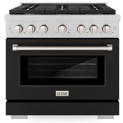 ZLINE 36" 5.2 cu. ft. Paramount Gas Range with 6 Burner Cooktop and Convection Gas Oven in Satin Stainless Steel with Black Matte Door, SGRS-BLM-36